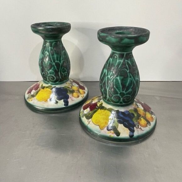 Vintage Pair of Studio Arta Per Ceramic Italy Candlesticks Fruit/Flower Motif 2 - Picture 1 of 9